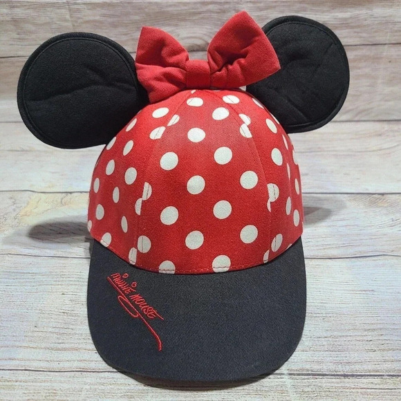 Disney World Parks Minnie Mouse Polka Dot Baseball Hat Cap Size Youth Ears Bow - Picture 1 of 7